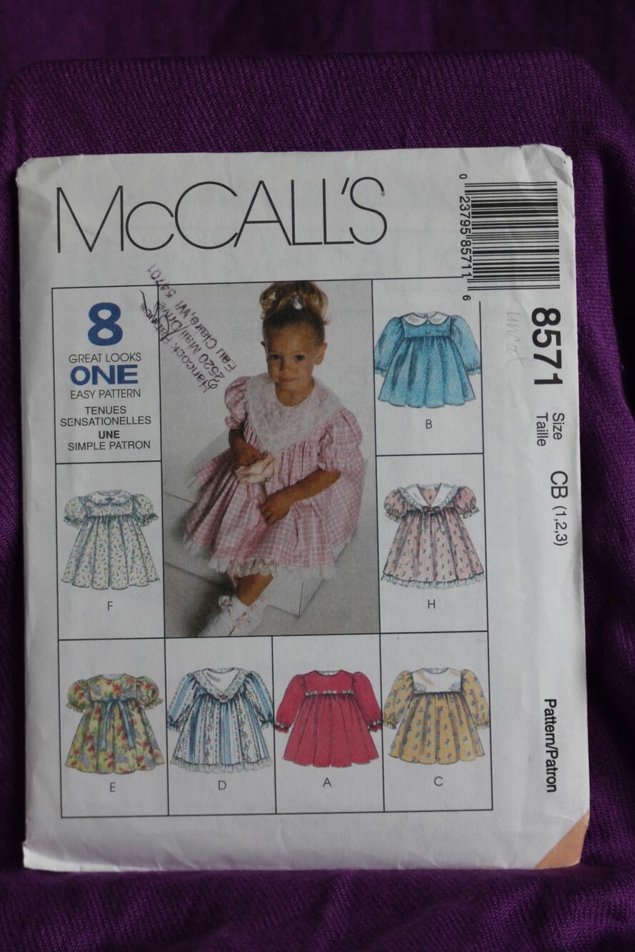 McCalls 8571 Sewing pattern girls dress puff sleeve A line skirt size 1 2 3